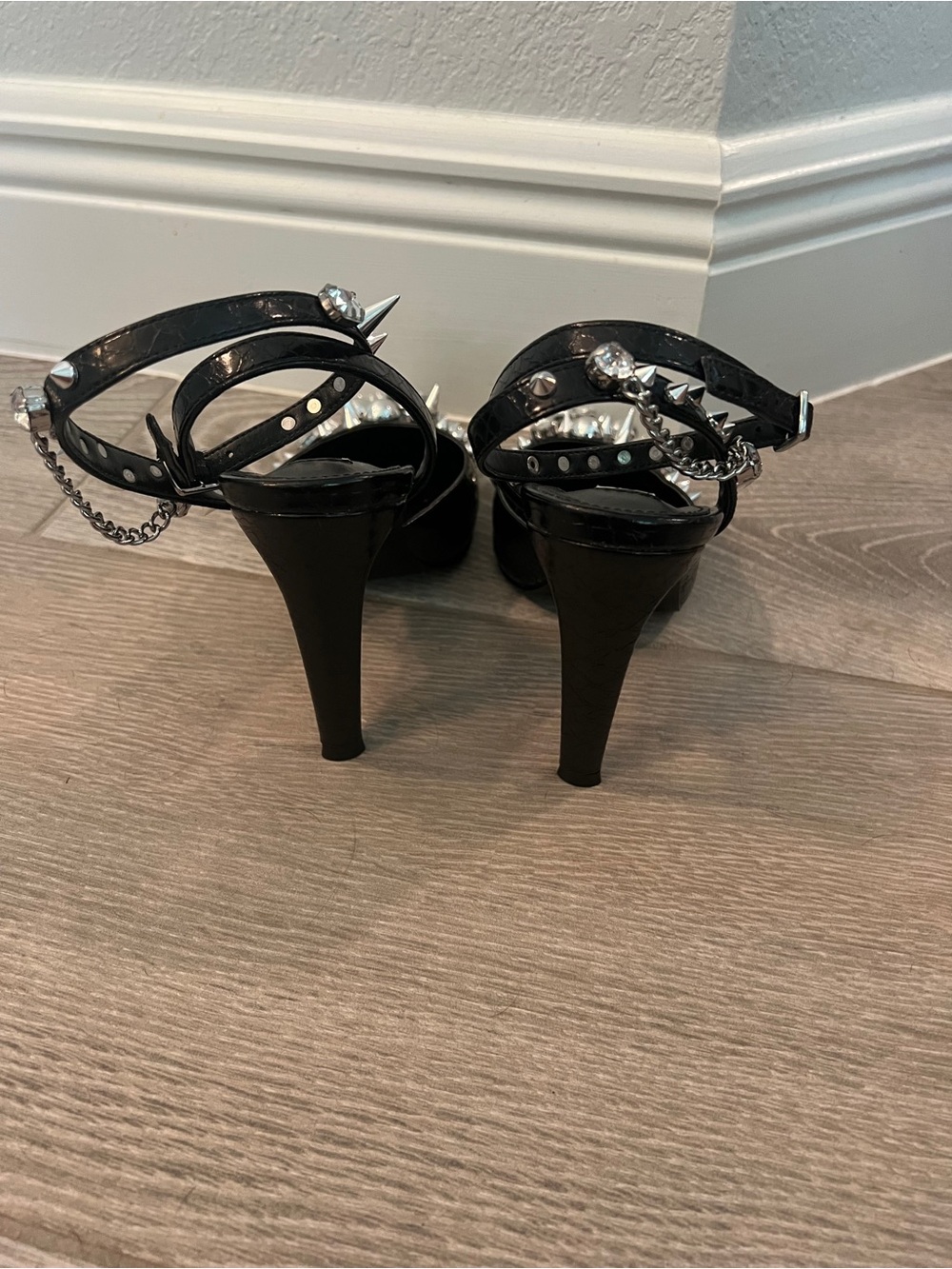 Steve Madden Black Pointed Toe Spike & Crystal Ankle-Strap Heels - Picture 3 of 4